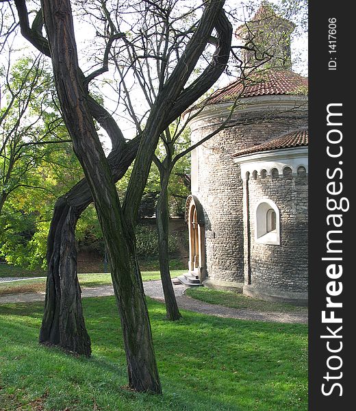 An old rotunda and trees in Prague