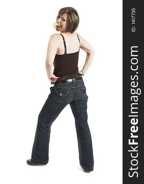Woman turning her back over white background