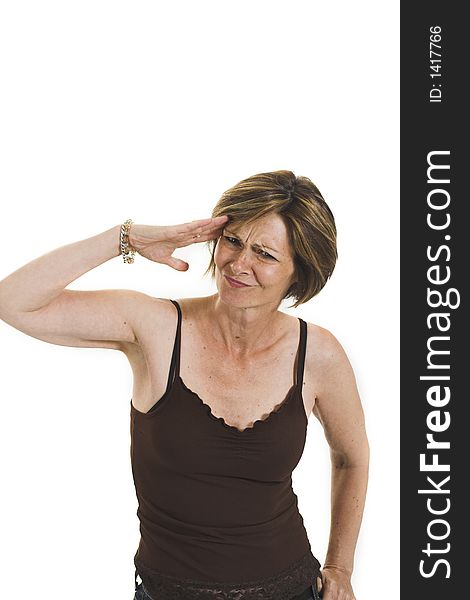 Woman saluting over white background