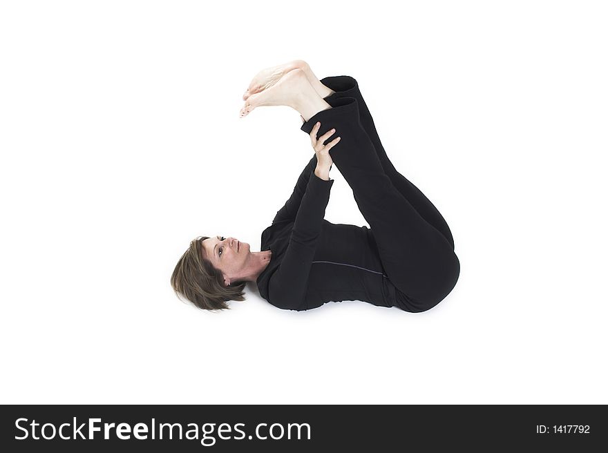 Woman doing yoga pose over white BG