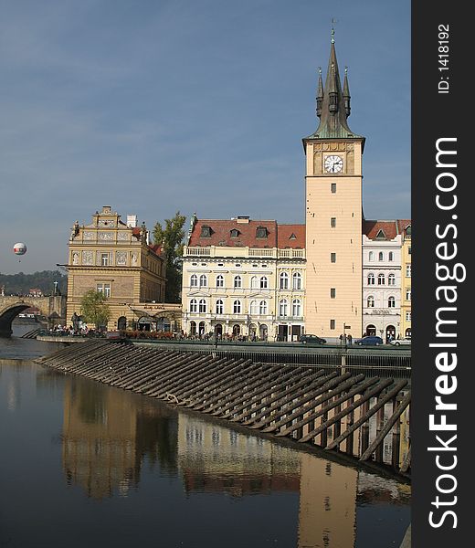 The Vltava river and houses  in Prague