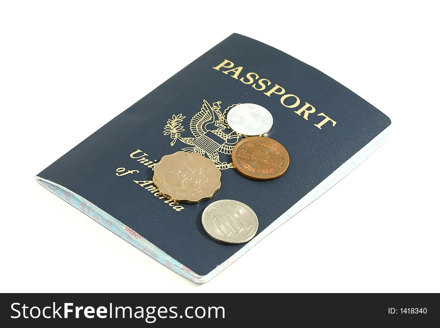 Passport with currency coins from china and hong cong. Passport with currency coins from china and hong cong