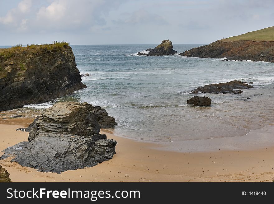 Remote sand and rocky cove in north Cornwall