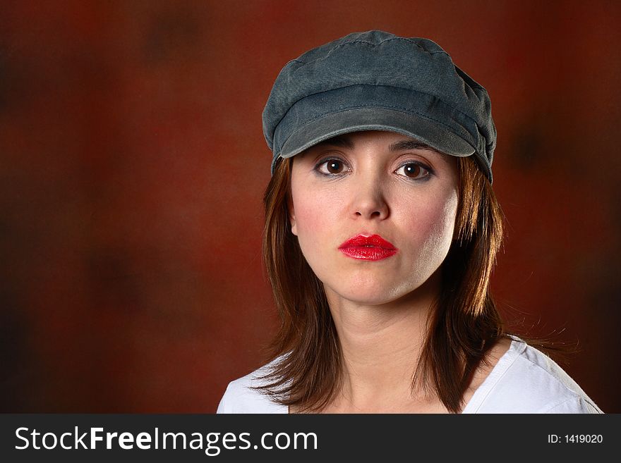 Brunette with grey cap and white shirt in front of red backdrop. Brunette with grey cap and white shirt in front of red backdrop