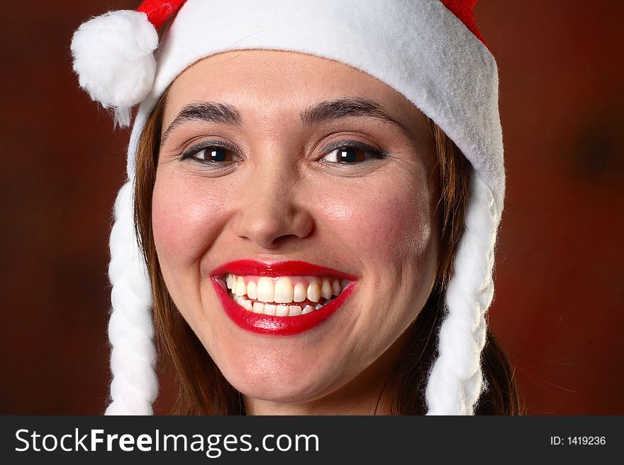 Happy Santa Girl Red Backdrop Closeup