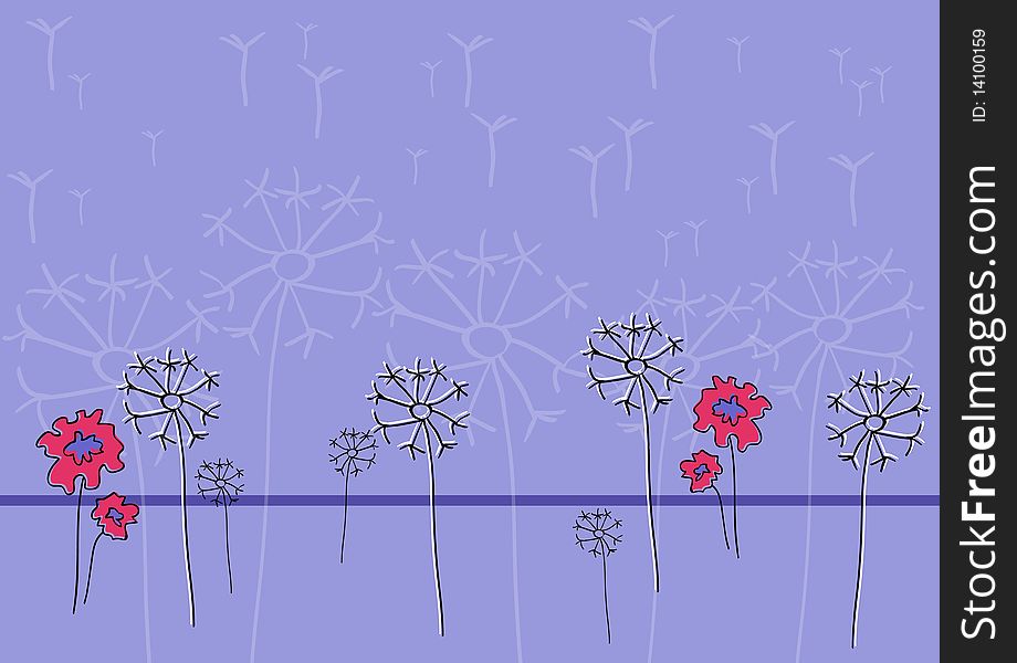 Dandelions and red flowers on purple background