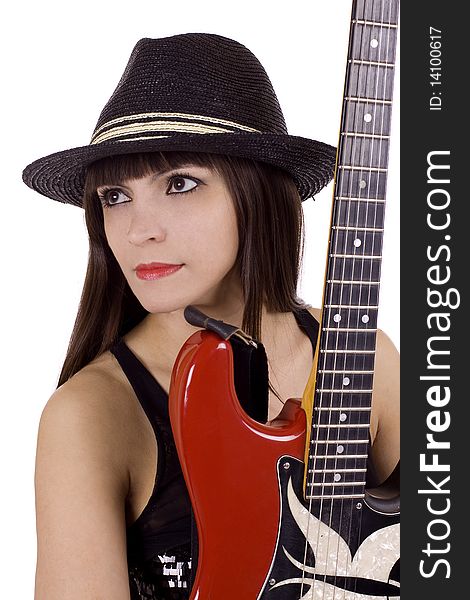 Woman with black hat and red guitar. Woman with black hat and red guitar