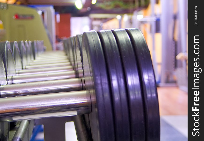 Weights arranged by size on metal holder in gym