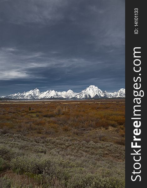 Grand Tetons mountain at the back of the valley in national park