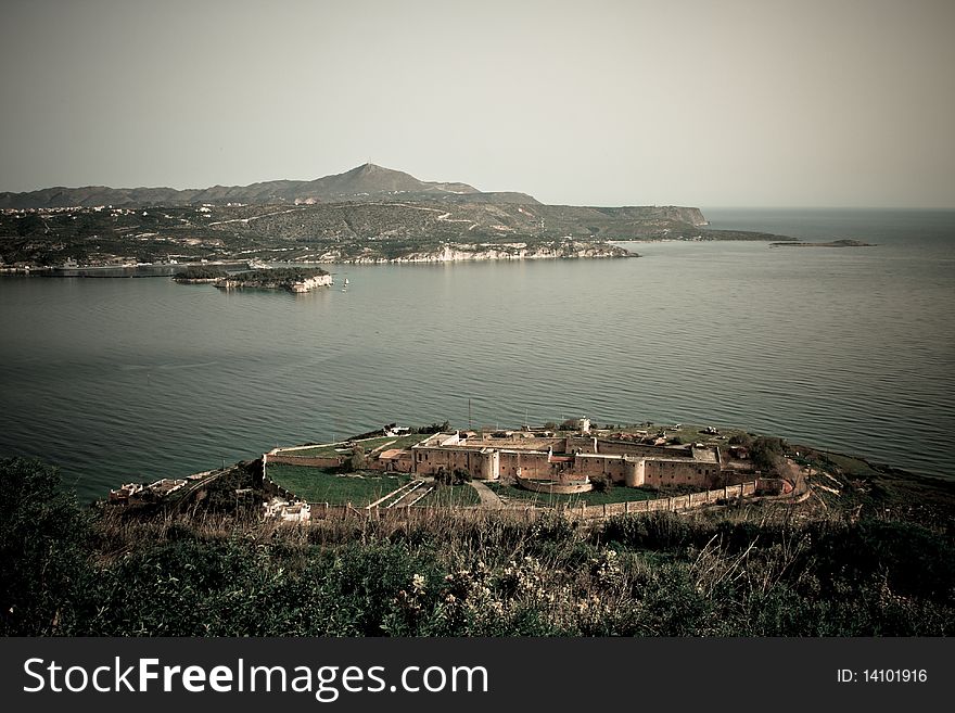 Intzendin Fortress seen from Koulos Fortress in Crete, Greece