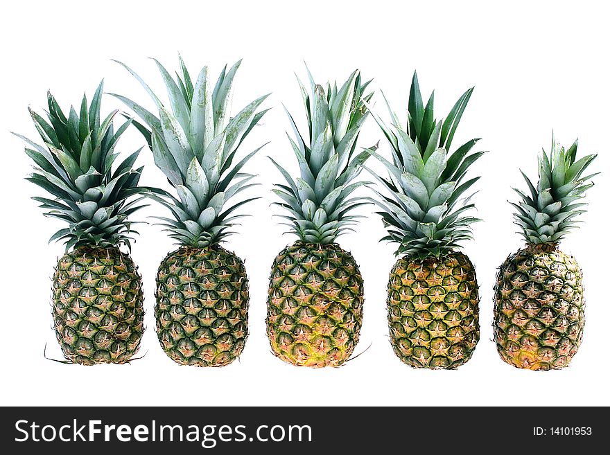 Five pineapples are located in one number on a white background.