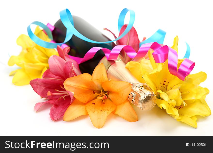 Champagne and lilies on a white background