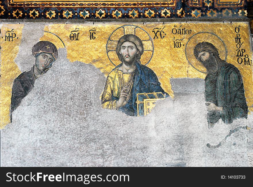 Christ Pantrocrator flanked by the Virgin Mary and John the Baptist, mosaic from the Hagia Sophia church, Istanbul, Turkey. Christ Pantrocrator flanked by the Virgin Mary and John the Baptist, mosaic from the Hagia Sophia church, Istanbul, Turkey