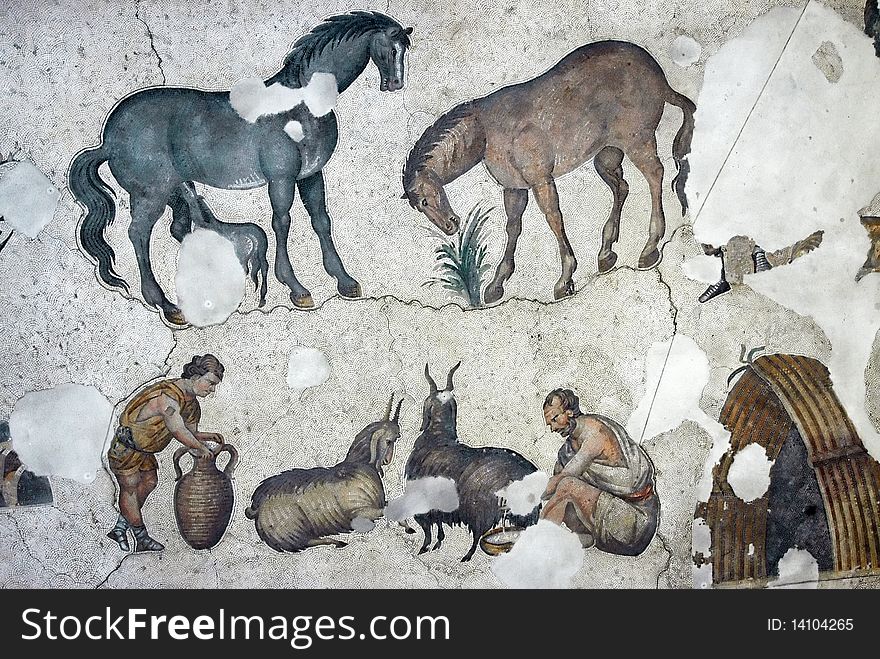 Farmers milking goats, mosaic, Istanbul