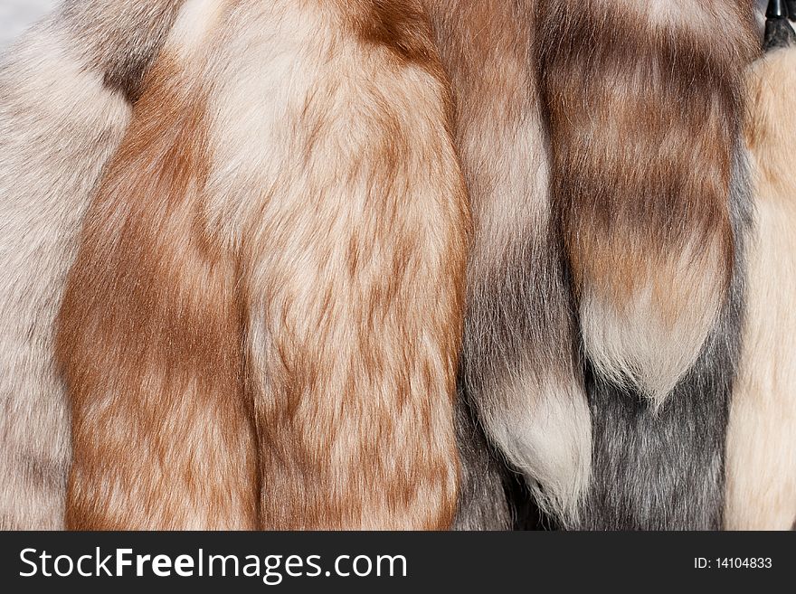 Polar fox fur tails pack closeup. Polar fox fur tails pack closeup