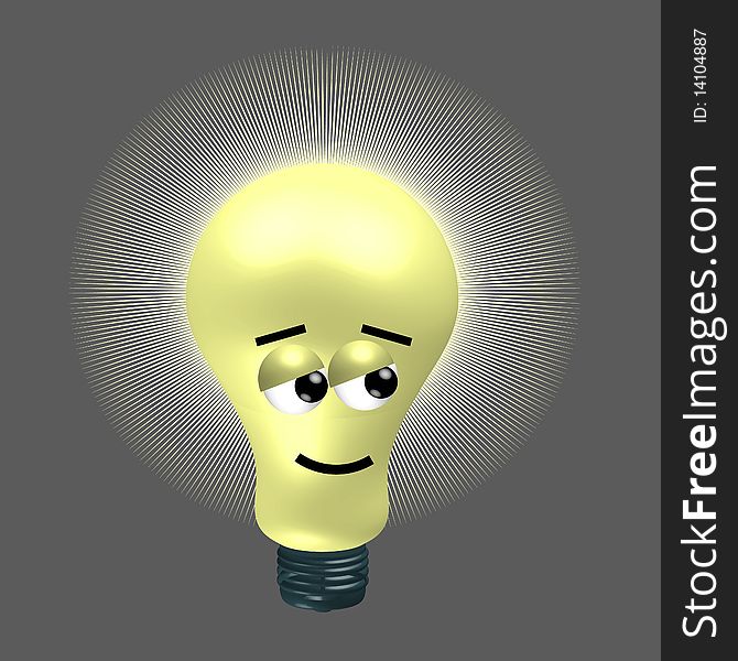 Sympathic electric cartoon bulb on a grey background with a little ironic face. Sympathic electric cartoon bulb on a grey background with a little ironic face.
