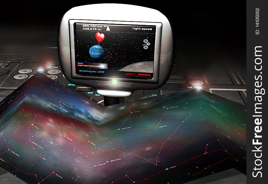 GPS instrument in which screen appears the Earth in space with a heart-shaped pin nailed on it. At the foreground of the image, a map of the universe like if someone was looking for love through it. GPS instrument in which screen appears the Earth in space with a heart-shaped pin nailed on it. At the foreground of the image, a map of the universe like if someone was looking for love through it.