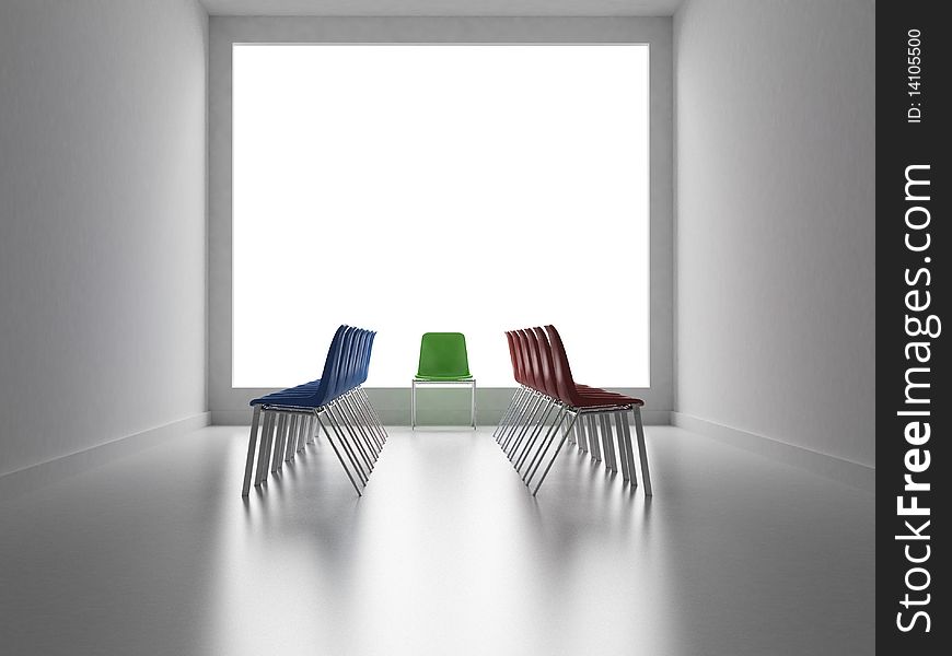 Two groups of colors chairs facing and one chair like a referee. Two groups of colors chairs facing and one chair like a referee