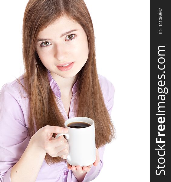 Young girl with mug with coffee. Isolated on white background