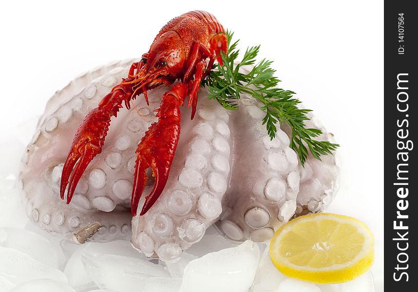 Seafood, octopus and crayfish on ice with lemon decorated