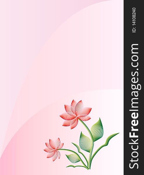 Pink background with red flowers and green leaves. Pink background with red flowers and green leaves