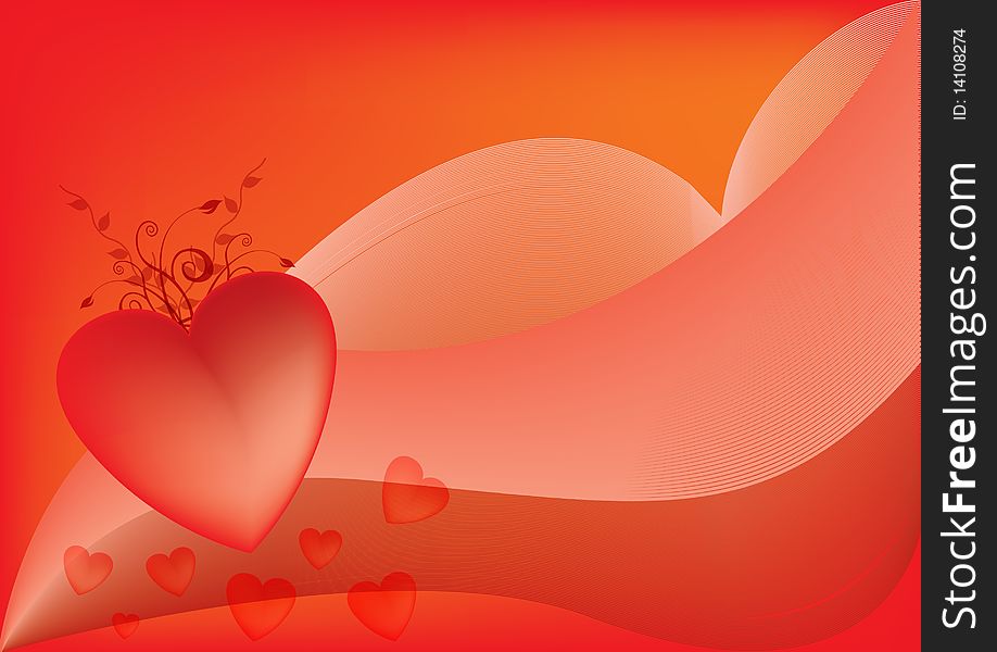 Red abstract background with hearts and swirl. Red abstract background with hearts and swirl
