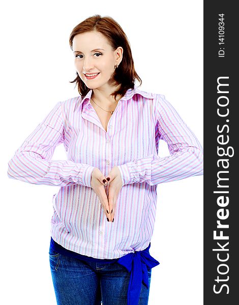 Portrait of a young pregnant woman. Isolated over white background.