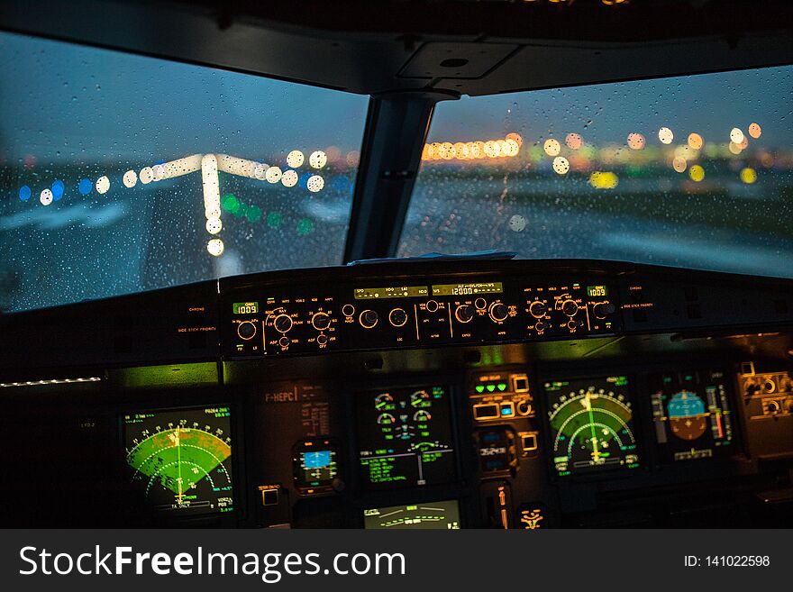 Commercial airliner airplane flight cockpit during takeoff