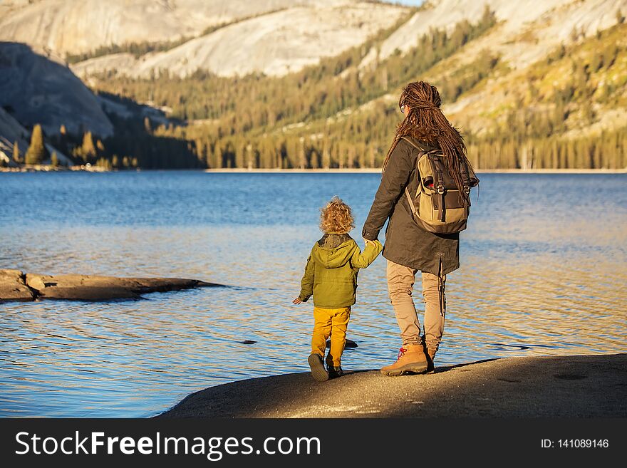 Mother with son visit Yosemite national park in California.