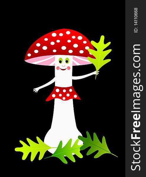 Mushroom red amanita smiling and holding a leaf. Mushroom red amanita smiling and holding a leaf