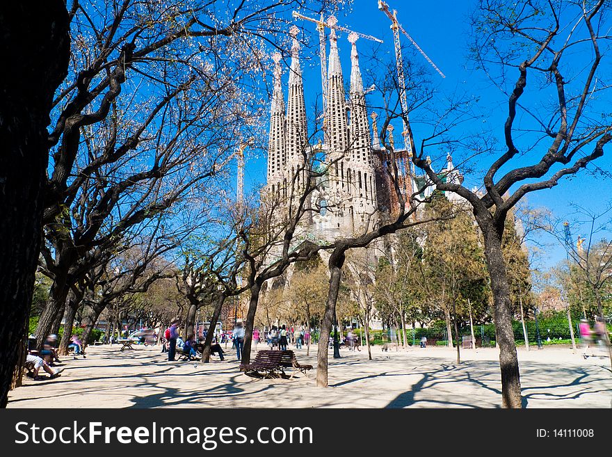 Sagrada familia cathedral in Barcelona on a sunny spring afternoon
