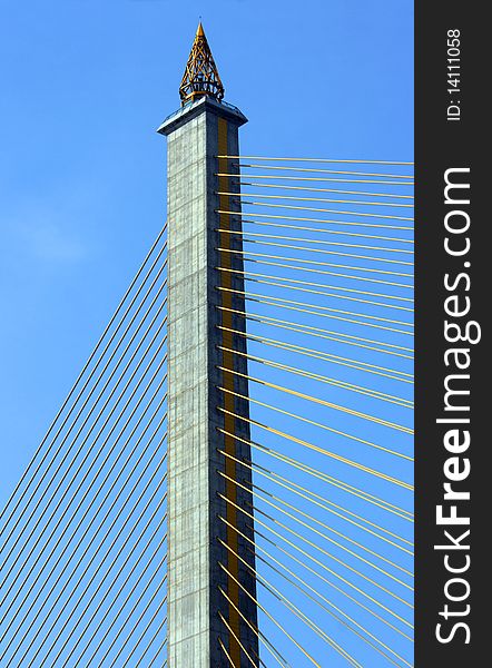 Detail of cable-stayed bridge, with yellow cables