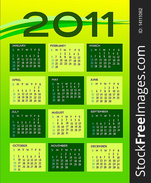 Calendar 2011 in green and yellow colour