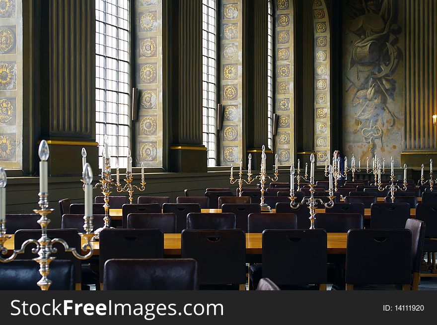 Dining room of Naval College in Greenwich, London. Dining room of Naval College in Greenwich, London.