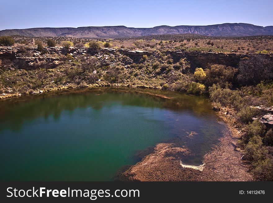 Montezuma Well from Montezuma Castle National Monument in Arizona - The walls of the well contain the ruins of ancient Indian cliff dwellings