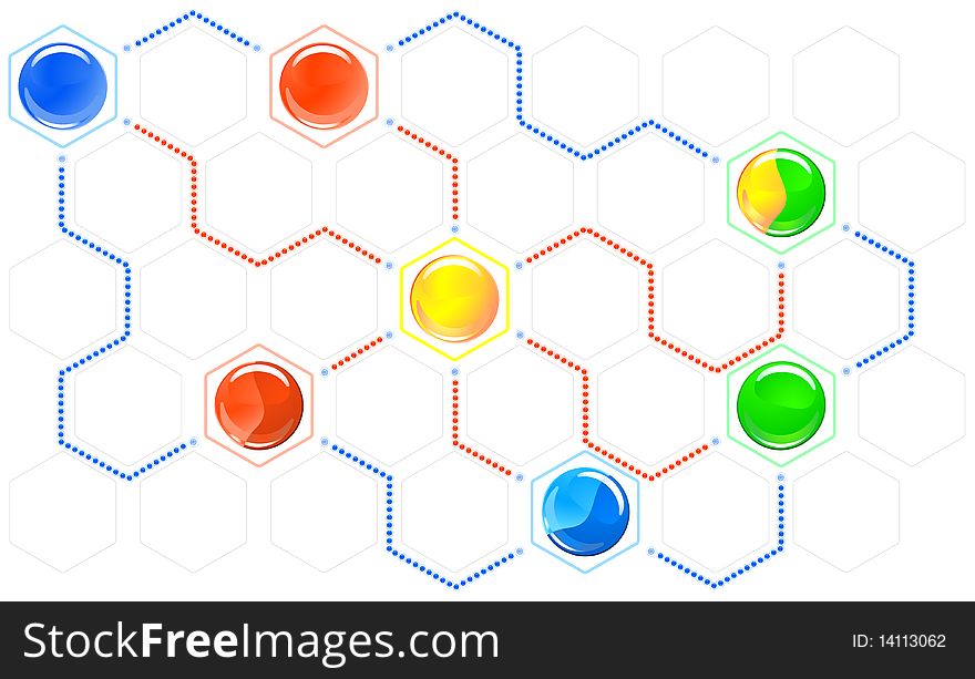 Vector diagram consisting of colored hexagons and dotted tie lines. Vector diagram consisting of colored hexagons and dotted tie lines