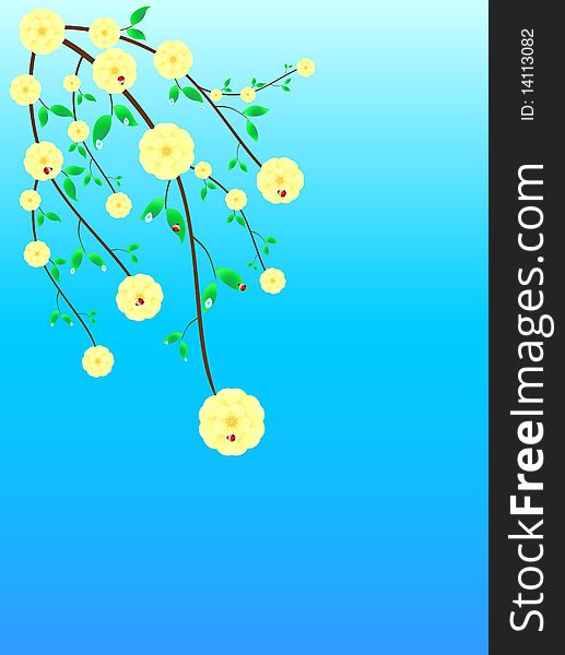 Vector cherries with drops of dew and ladybirds on a blue background. Vector cherries with drops of dew and ladybirds on a blue background