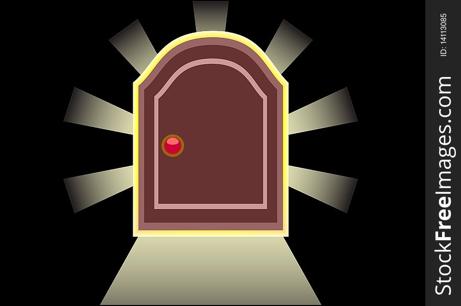 The stylised  door with rays of light executed on a black background. The stylised  door with rays of light executed on a black background