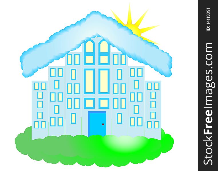 The stylised apartment house with a roof from blue clouds with the sun. Vector drawing. The stylised apartment house with a roof from blue clouds with the sun. Vector drawing.
