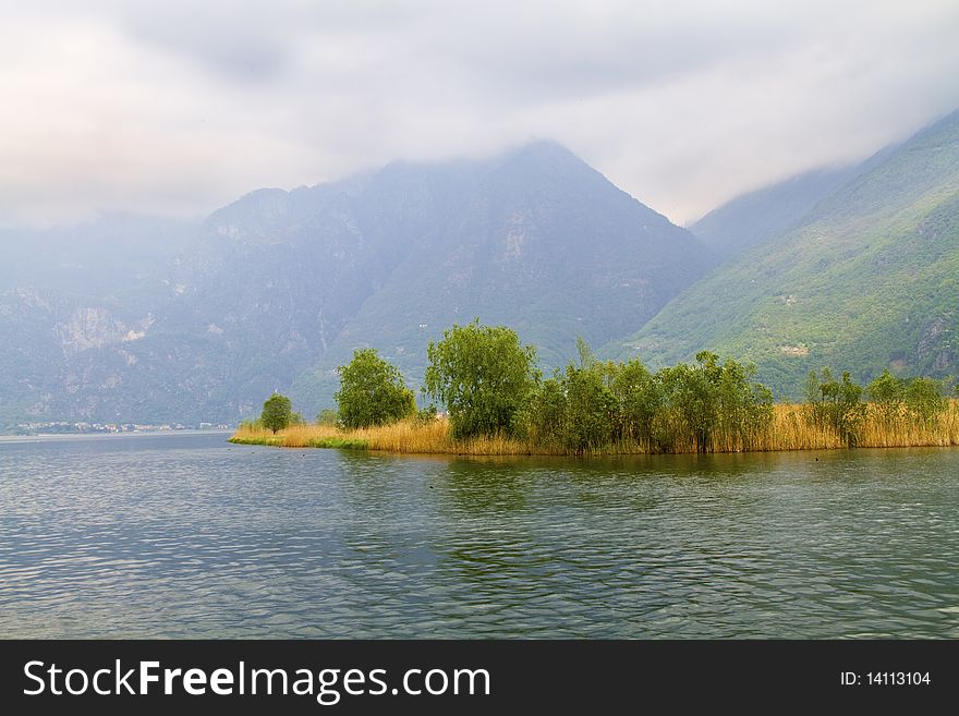 Lake in the spring with cloudy skies