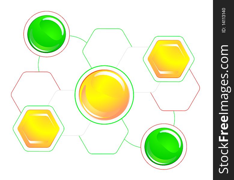 Vector diagram consisting of colored hexagons and tie lines. Vector diagram consisting of colored hexagons and tie lines