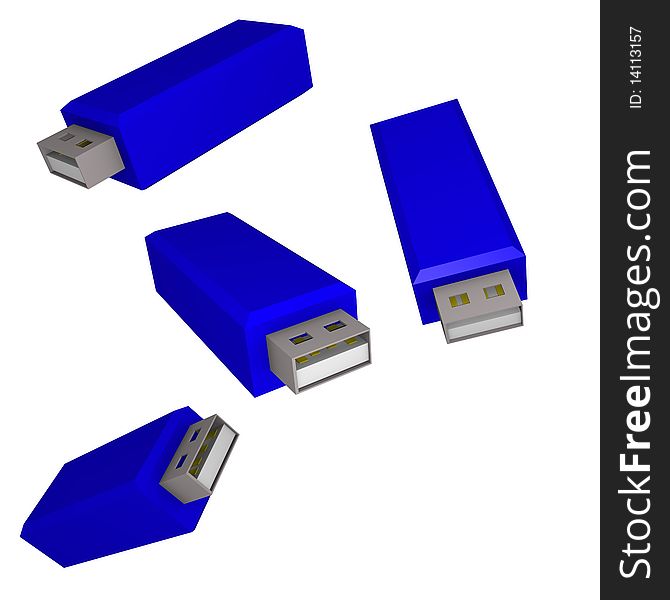 Four blue usb stick showing diffrent angles in 3d. Four blue usb stick showing diffrent angles in 3d