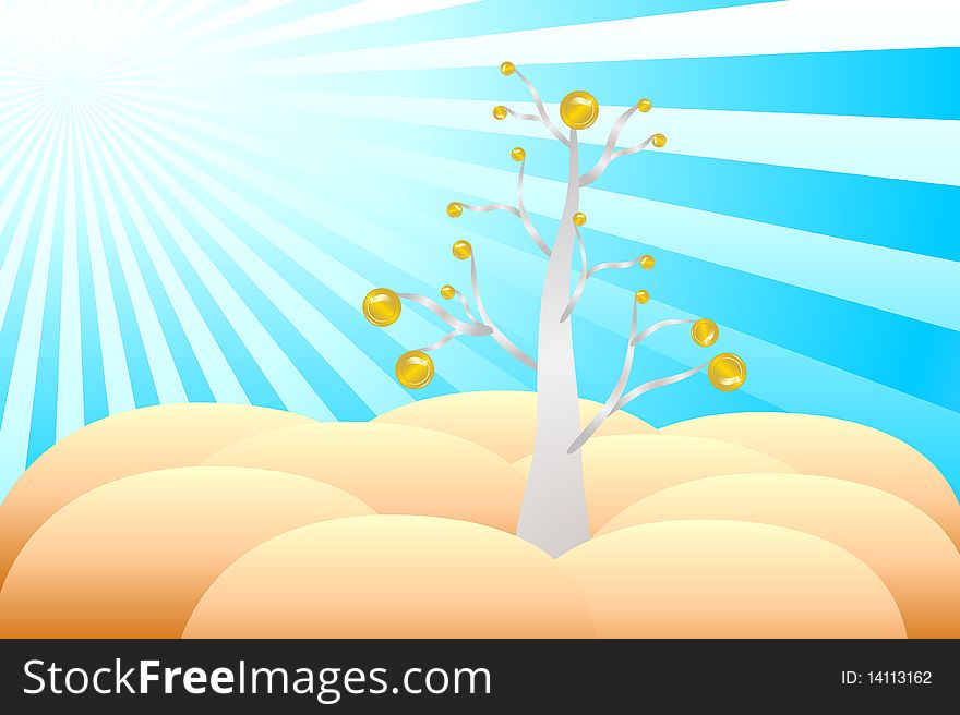 Vector tree with coins on the hilly terrain in the sun