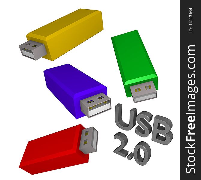 Four usb sticks showing from different angles and in different colors in 3d. Four usb sticks showing from different angles and in different colors in 3d