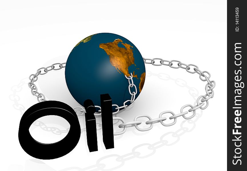 A globe linked to an chain with an OilText at the End. A globe linked to an chain with an OilText at the End
