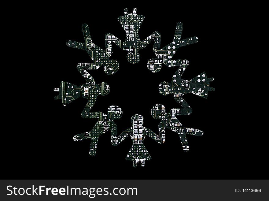 Paper cut outs of men and women overlayed with a circuit board pattern, isolated on black. Paper cut outs of men and women overlayed with a circuit board pattern, isolated on black