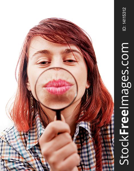 Kiss Of Funny Woman And Magnifying Glass