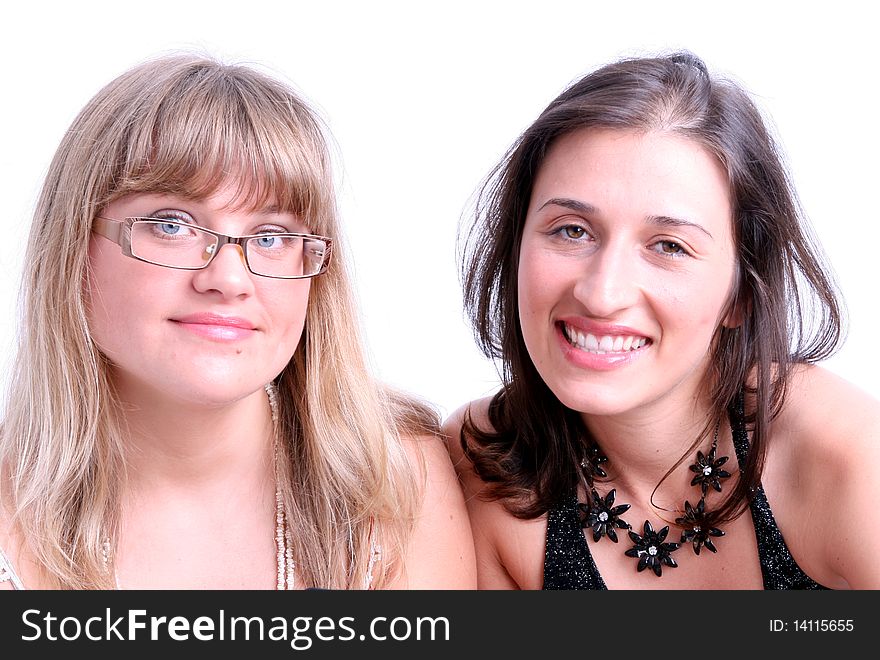 Happy young women friends smiling. Over white background