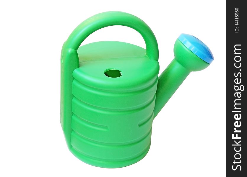 Green watering can toy isolated on white