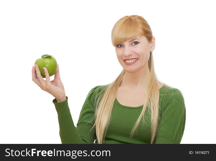 Green apple in a hand on white background. Green apple in a hand on white background